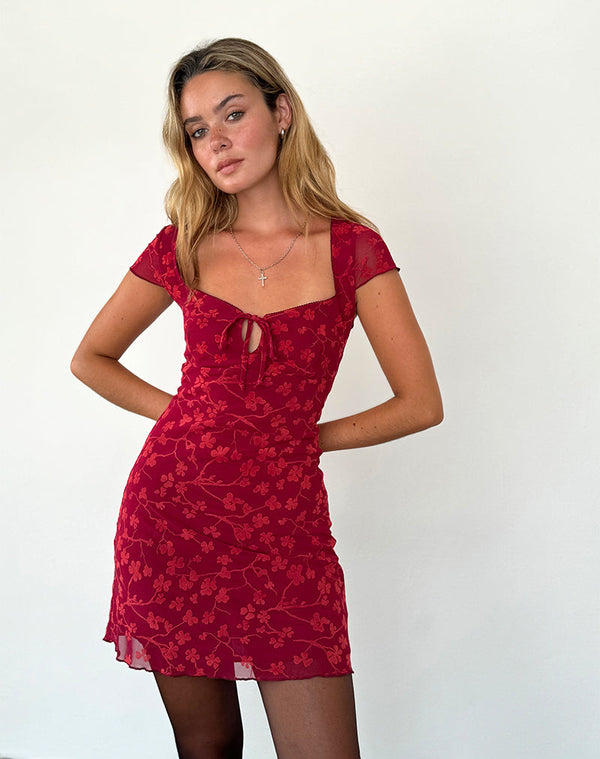 motel rocks Lashka Mini Dress in Red Grunge Floral Flock