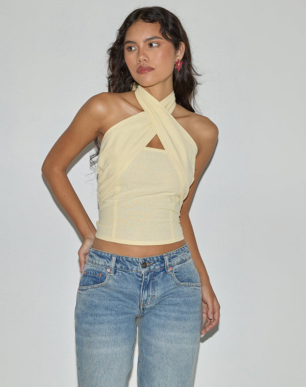 Motel Rocks Lasy Linen Wrap Halterneck Top In Lemon