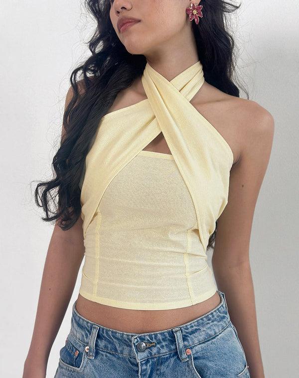 motel rocks Lasy Linen Wrap Halterneck Top in Lemon