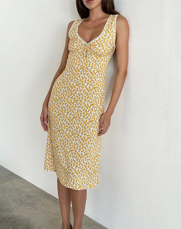 Motel Rocks Lavisha Midi Dress In Yellow Cosmos Garden