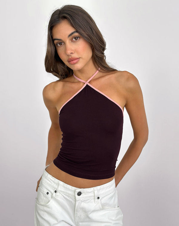 motel rocks Lay Halterneck Top in Redwood with Pink Lady Binding