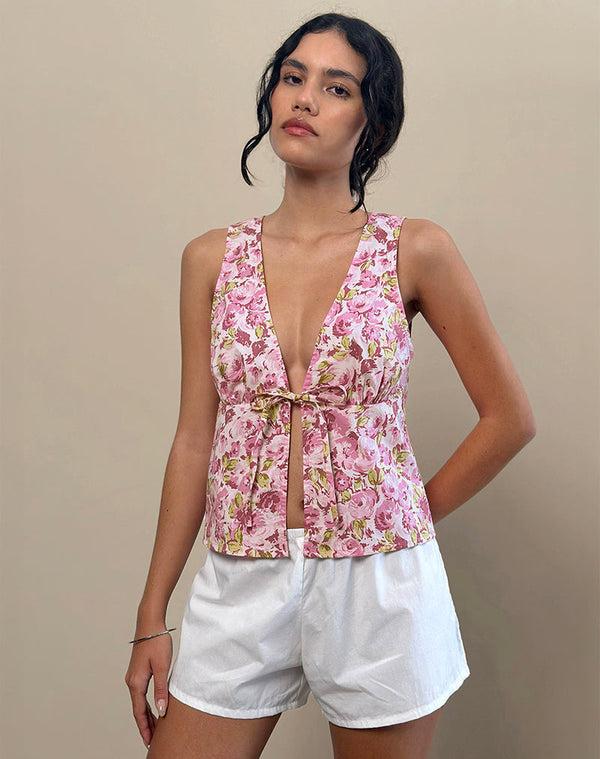motel rocks Leda Tie Front Top in Blossom Floral Pink
