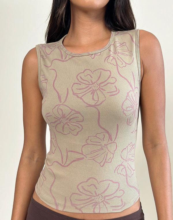 Motel Rocks Leen Tank Top In Khaki Hibiscus Doodle Pink