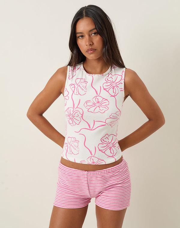 Motel Rocks Leen Tank Top In White With Pink Hibiscus Doodle Print