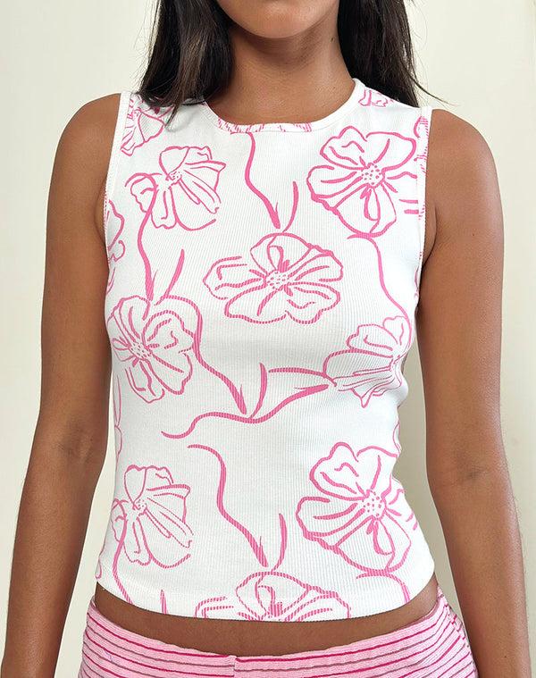 Motel Rocks Leen Tank Top In White With Pink Hibiscus Doodle Print