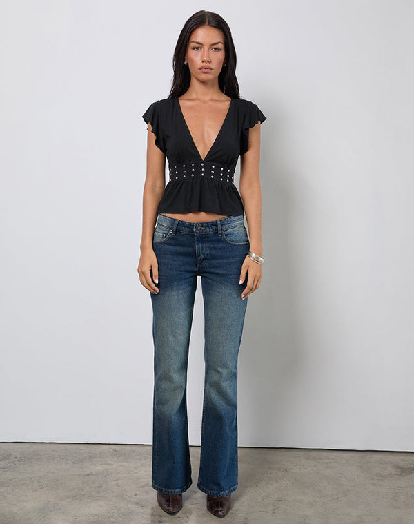 Motel Rocks Leisma Frill Top In Jersey Black With Studs