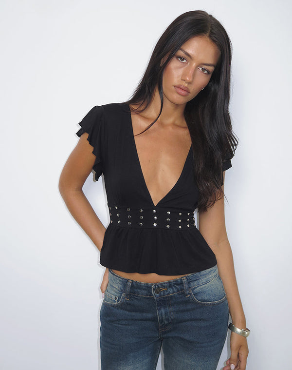 Motel Rocks Leisma Frill Top In Jersey Black With Studs