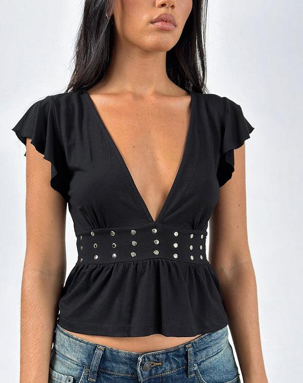 motel rocks Leisma Frill Top in Jersey Black with Studs
