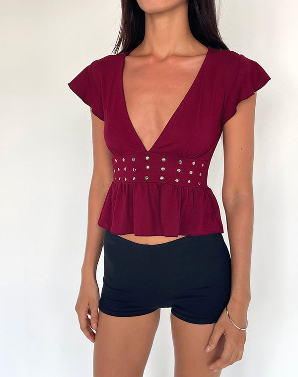 Motel Rocks Leisma Frill Top In Jersey Burgundy With Studs