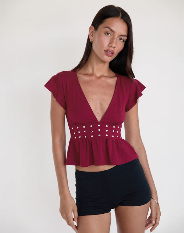 Motel Rocks Leisma Frill Top In Jersey Burgundy With Studs