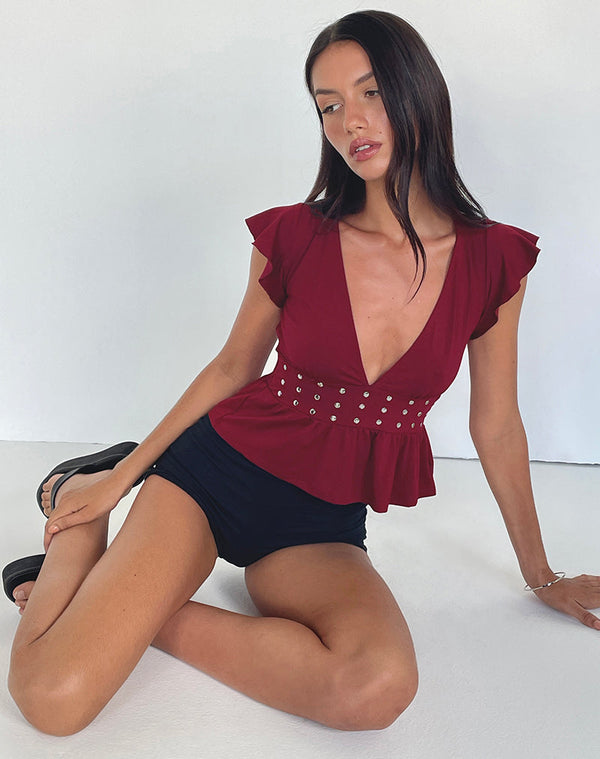 motel rocks Leisma Frill Top in Jersey Burgundy with Studs