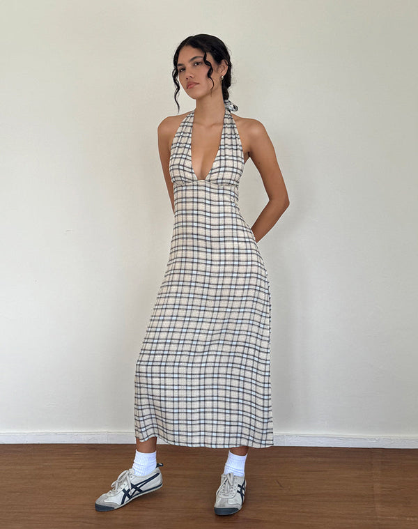 motel rocks Lenata Halterneck Midi Dress in Pastel Blue Tartan