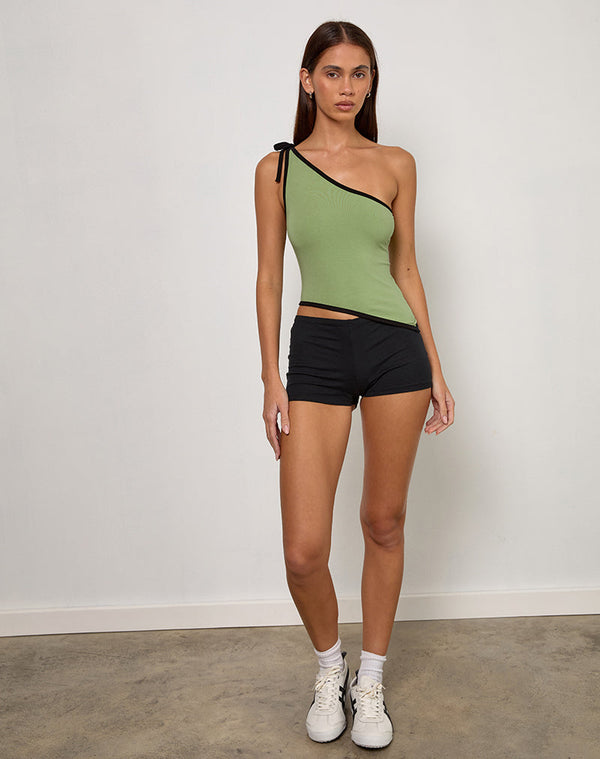 Motel Rocks Lenti Asymmetric Top In Sage Green With Black Binding