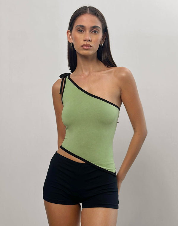 motel rocks Lenti Asymmetric Top in Sage Green with Black Binding