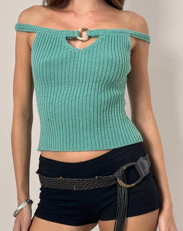 motel rocks Lesly Bardot Top with O Ring in Turquoise