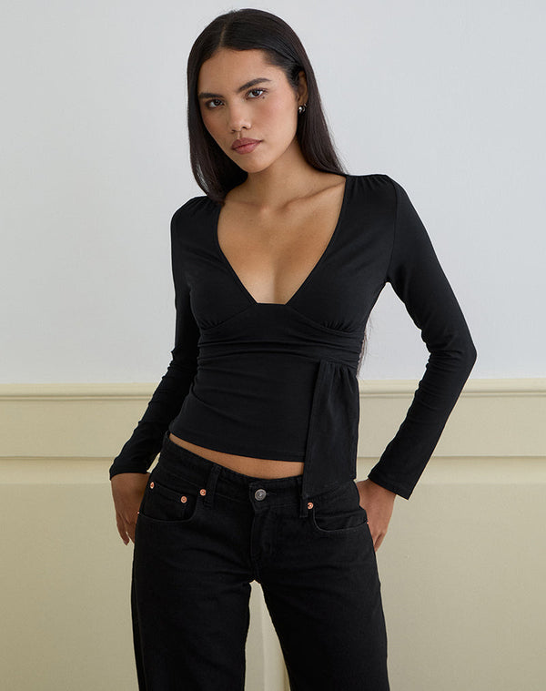 motel rocks Levard Long Sleeve Top with Drape in Jersey Black