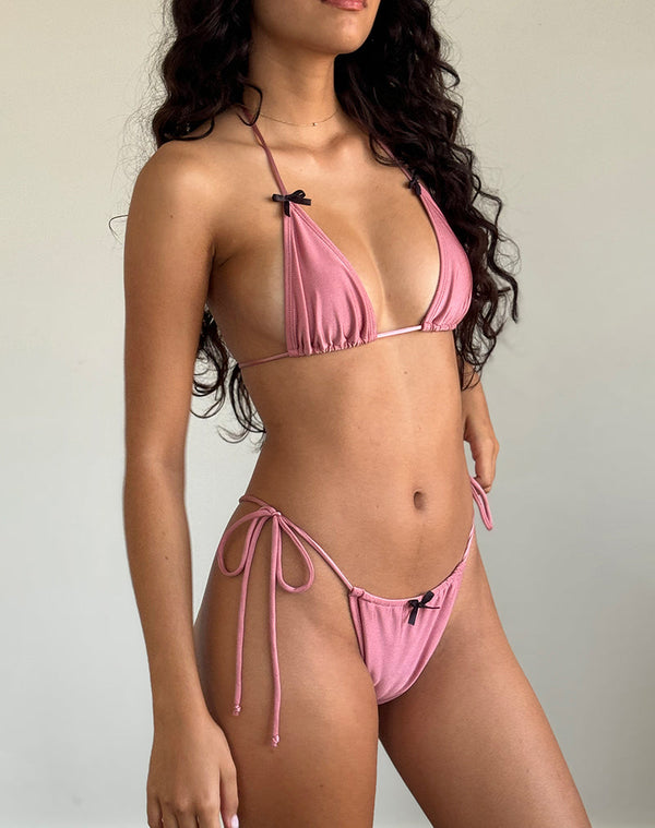 motel rocks Leyna Bikini Bottom in Pink Shimmer with Black Bow
