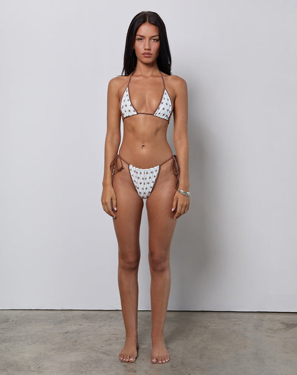 Motel Rocks Leyna Bikini Bottom In White And Brown Star Print With Contrast Binding