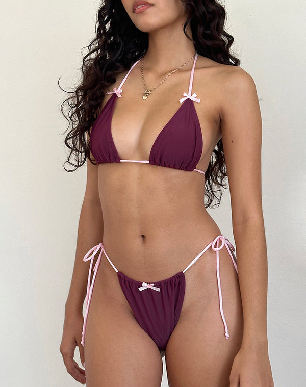 motel rocks Leyna Bow Bikini Bottom in Wine with Sakura Pink Binding
