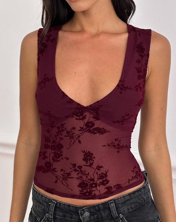 Motel Rocks Lihat Top In Botanical Flock Flower Maroon