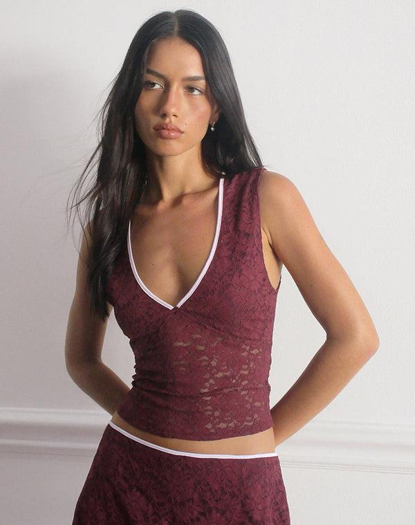 motel rocks Lihat Top in Lace Burgundy with Pink Binding