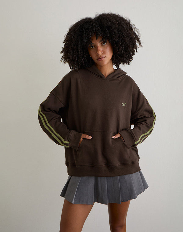 motel rocks Lingwu Hoodie in Bitter Chocolate with Green Binding and M Embroidery
