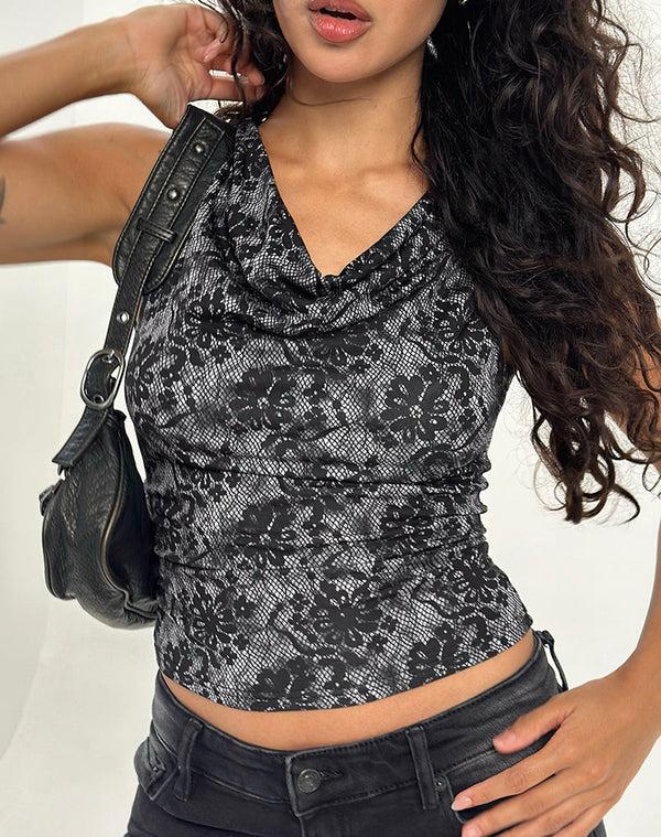 Motel Rocks Lizette Cowl Neck Top In Midnight Floral Grey