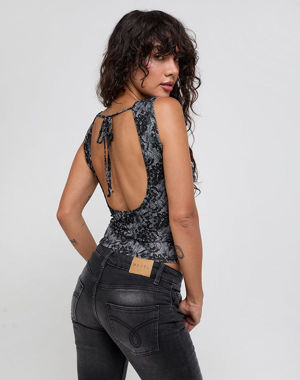 Motel Rocks Lizette Cowl Neck Top In Midnight Floral Grey