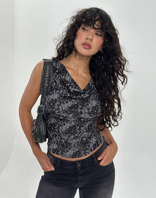 motel rocks Lizette Cowl Neck Top in Midnight Floral Grey