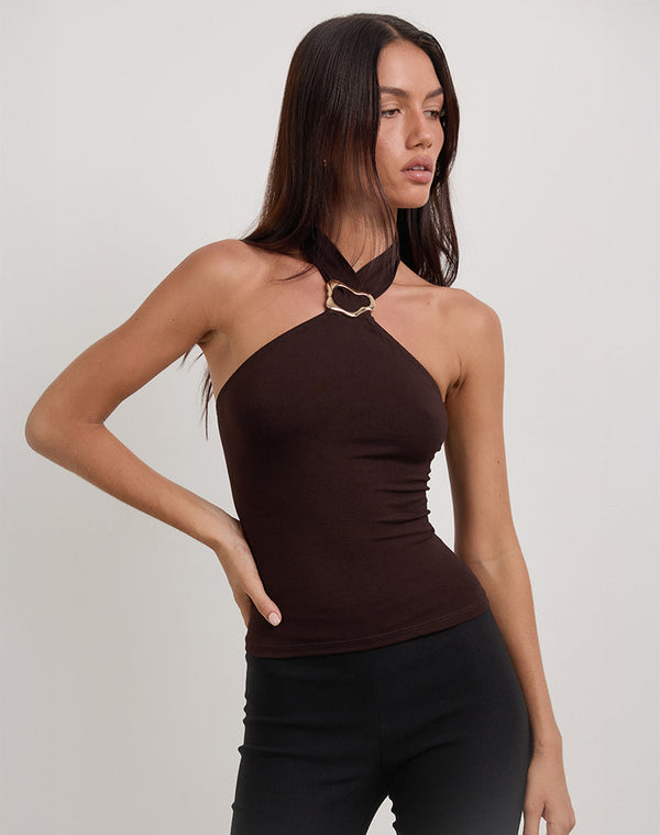 Motel Rocks Lorie Halter Top In Rayon Bitter Chocolate
