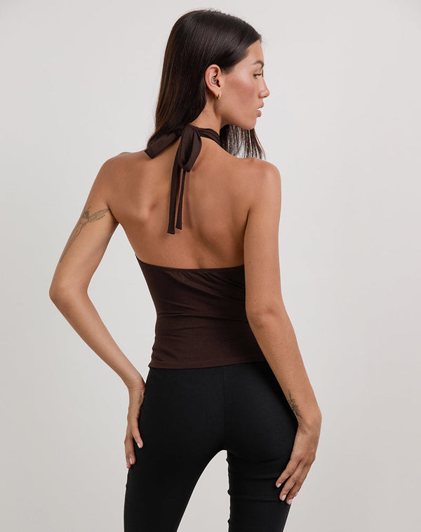 Motel Rocks Lorie Halter Top In Rayon Bitter Chocolate
