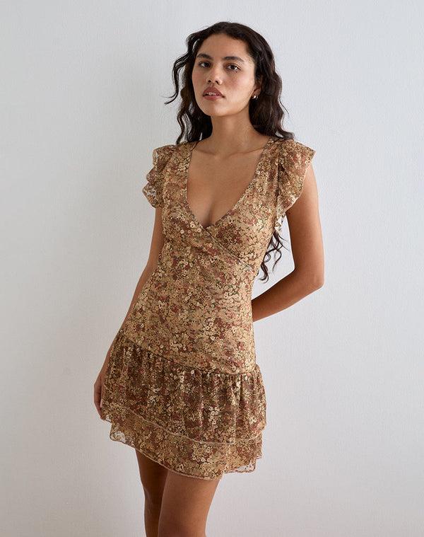 Motel Rocks Lotri Wrap Mini Dress In Cluster Floral Brown