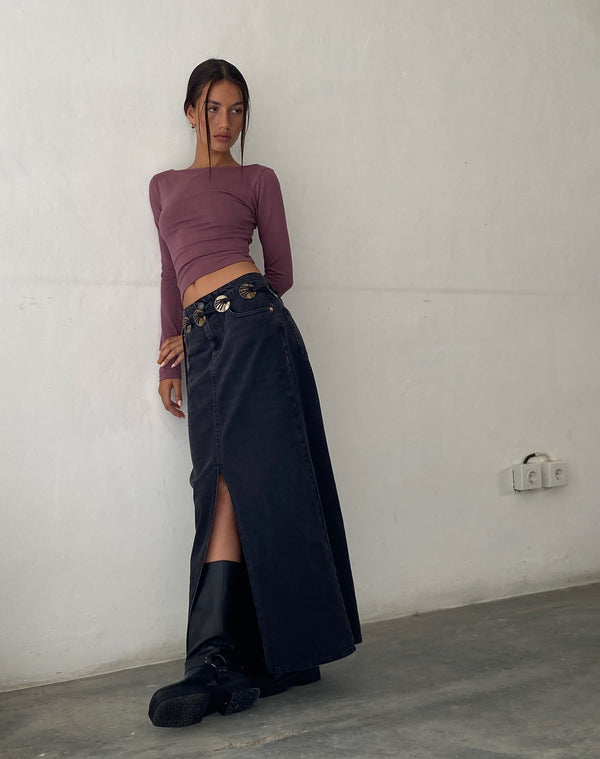 Motel Rocks Low Rise Denim Maxi Skirt In Vintage Black