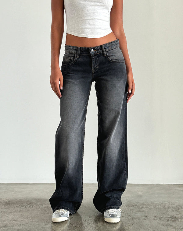 Motel Rocks Low Rise Parallel Jeans In Grey Used Bleach