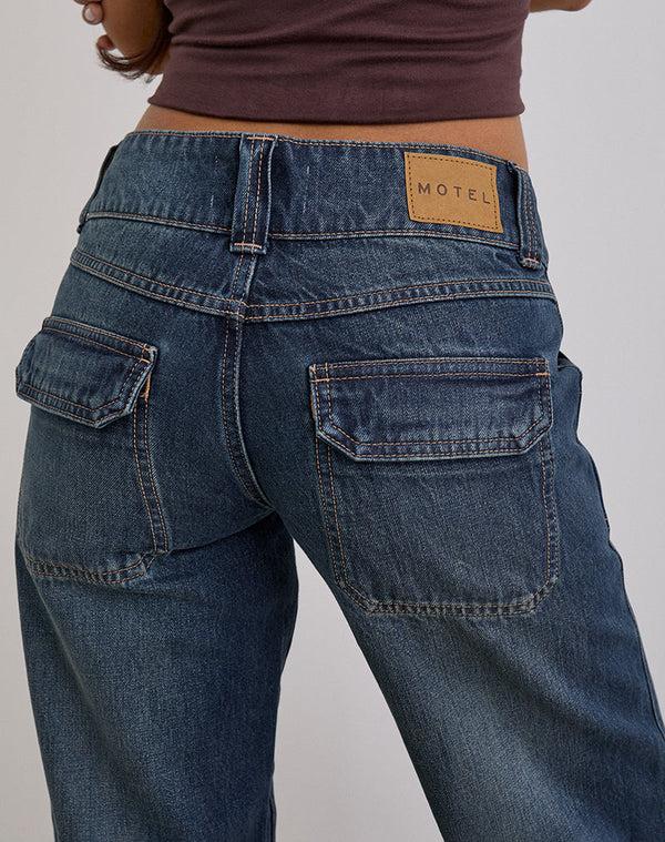 Motel Rocks Low Rise Relaxed Cargo Jeans In Mid Blue Tint