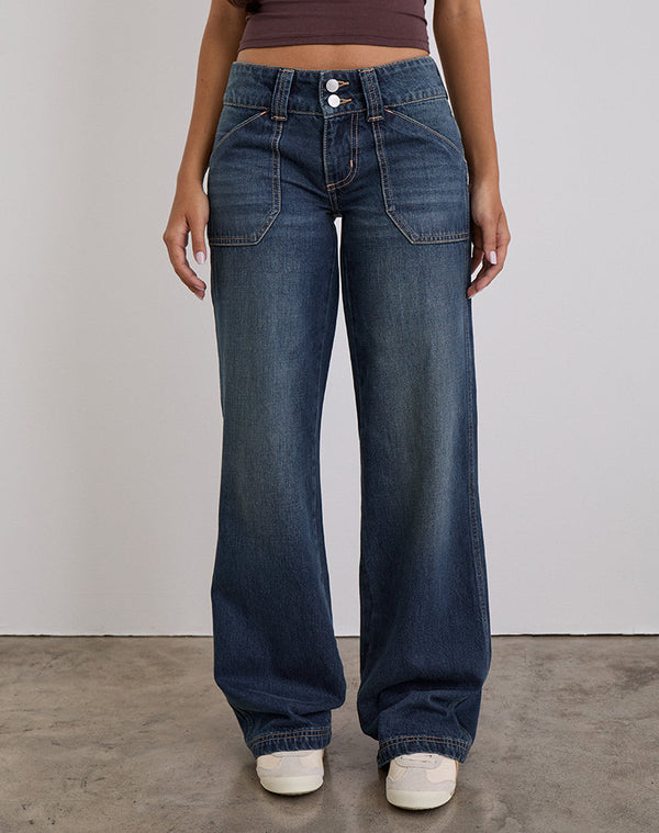 motel rocks Low Rise Relaxed Cargo Jeans in Mid Blue Tint