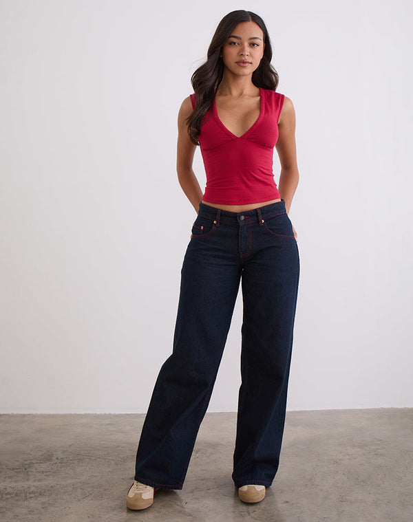 Motel Rocks Low Rise Roomy Jeans In Indigo With Red Stitch