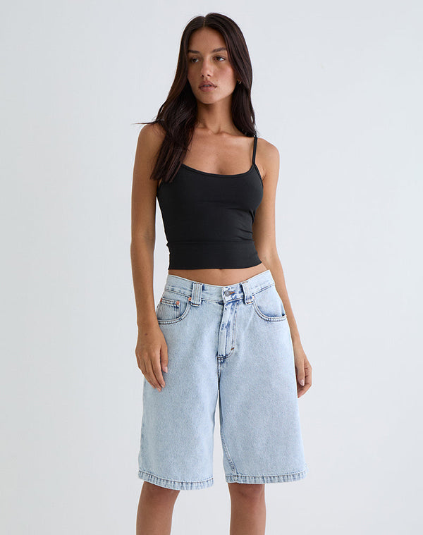 Motel Rocks Low Rise Skater Shorts In 80's Light Wash Blue