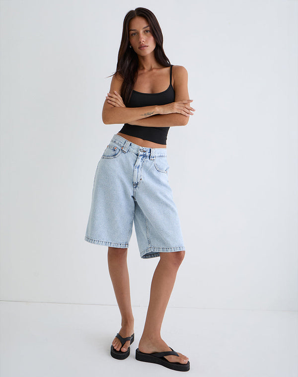 motel rocks Low Rise Skater Shorts in 80's Light Wash Blue