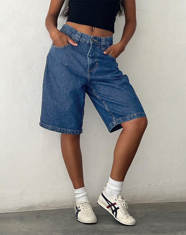 motel rocks Low Rise Skater Shorts in Core Blue Stone