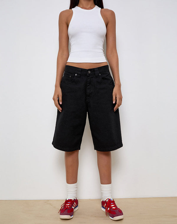 Motel Rocks Low Rise Skater Shorts In Rinse Black Denim