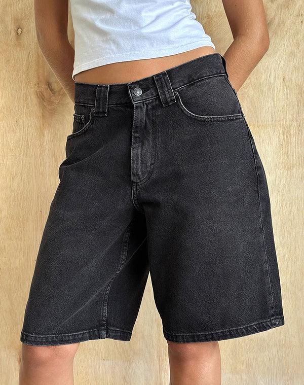 Motel Rocks Low Rise Skater Shorts In Washed Black Grey Denim
