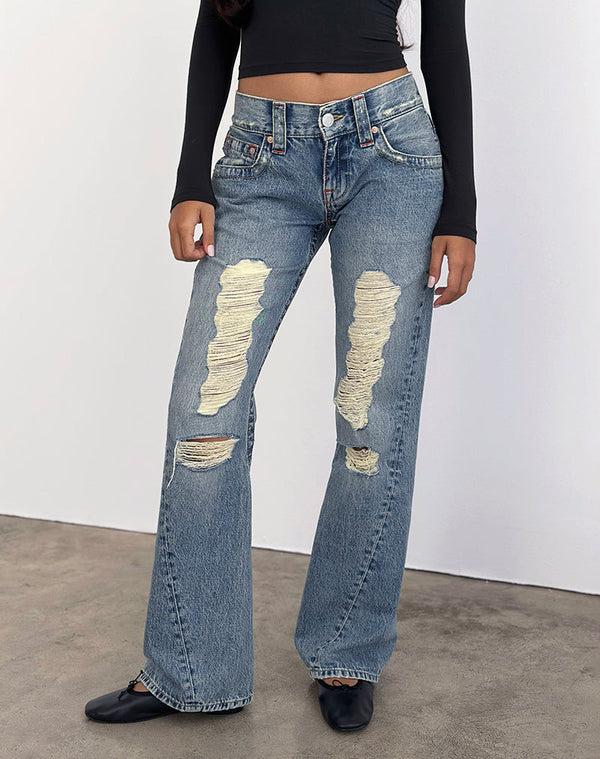 Motel Rocks Low Rise Twisted Seam Ripped Jean In True Blue