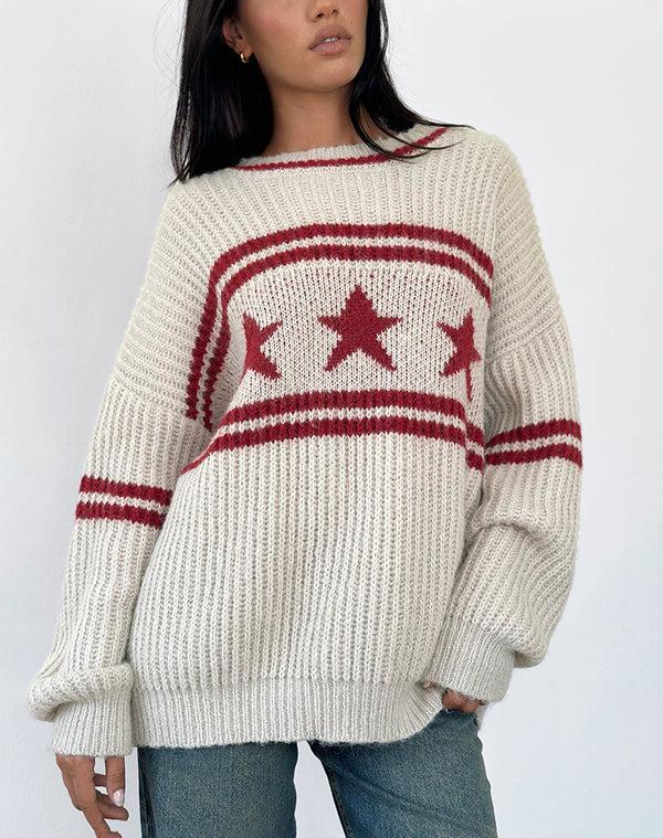 motel rocks Lulees Oversized Jumper in Oat with Star Stripe