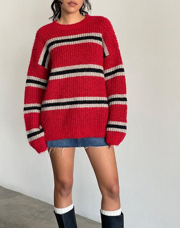 Motel Rocks Lunet Knitted Jumper In Red And Black Stripe