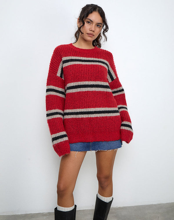 motel rocks Lunet Knitted Jumper in Red and Black Stripe