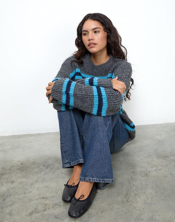 Motel Rocks Lunet Knitted Jumper In Stripe Grey And Blue