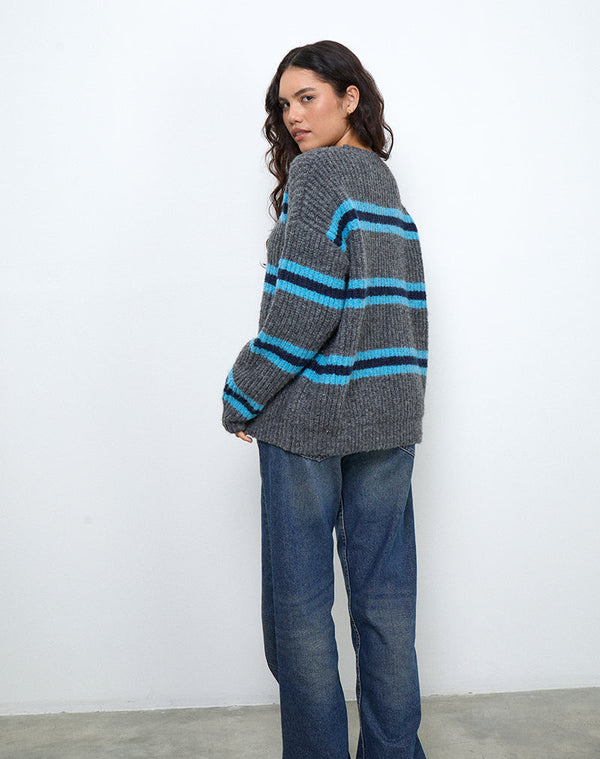 Motel Rocks Lunet Knitted Jumper In Stripe Grey And Blue