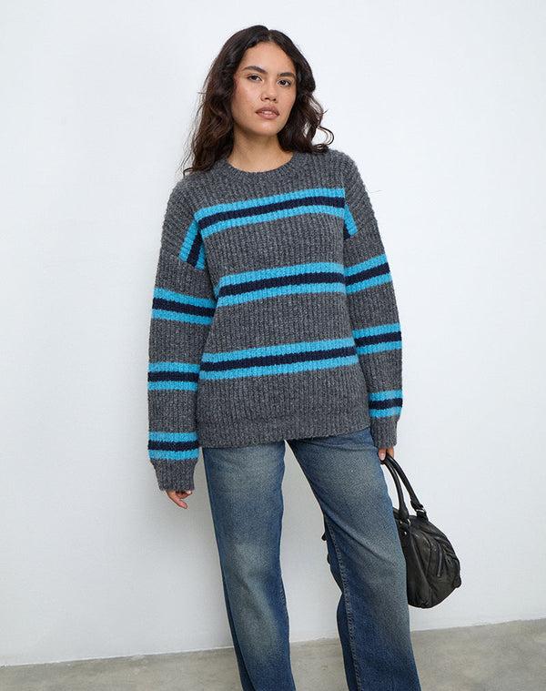 motel rocks Lunet Knitted Jumper in Stripe Grey and Blue
