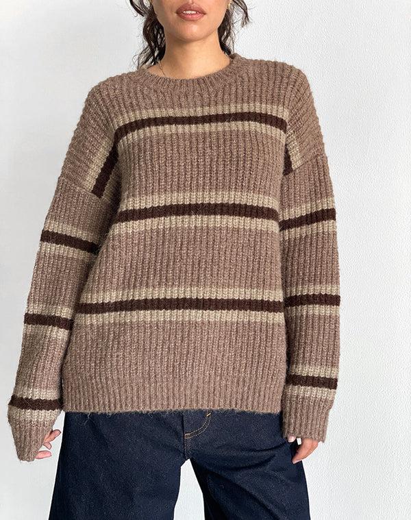 Motel Rocks Lunet Knitted Jumper In Stripe Tonal Brown